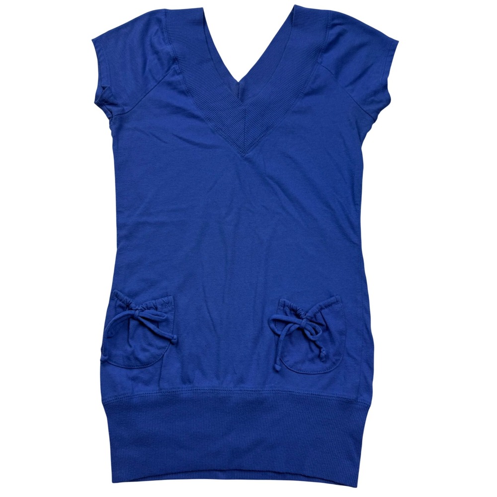 VTG Y2K Charlotte Russe Blue Deep V-Neck Tunic Top Short Sleeve Pockets Bows M